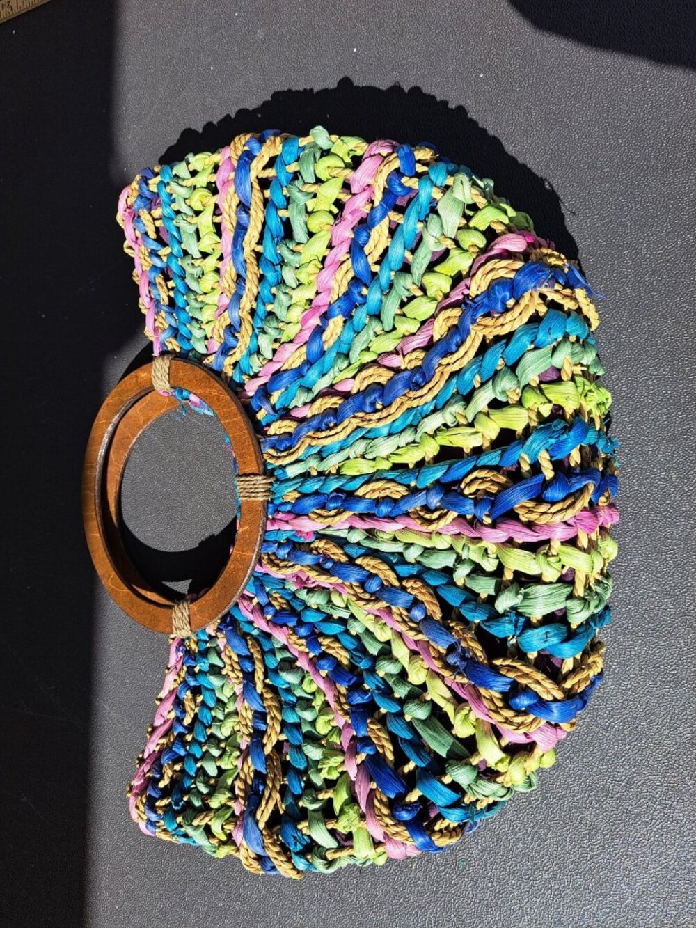 Cappelli Straworld Multicolor Straw Handbag Purse Wood Handle Rainbow Woven Tote - Picture 6 of 8